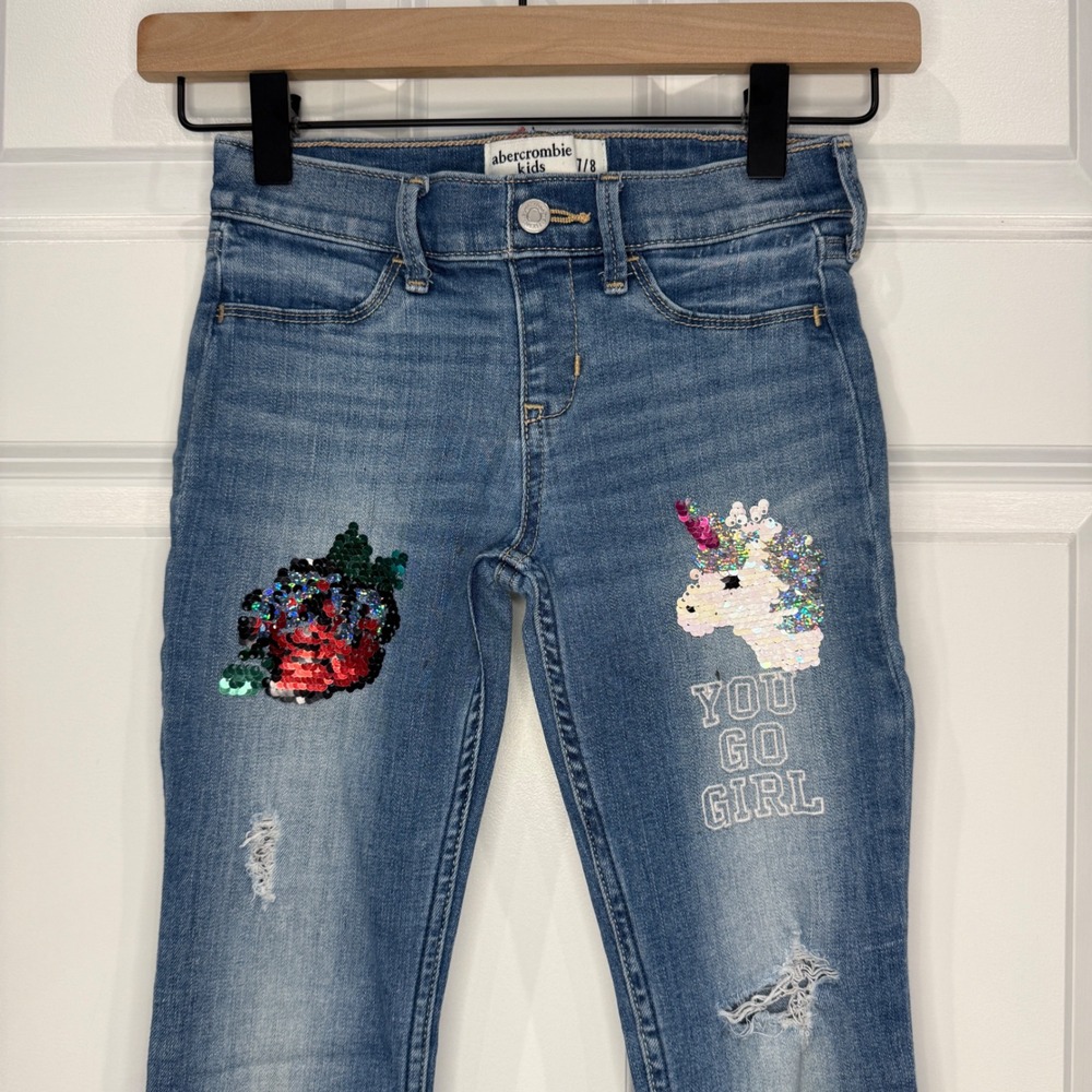 Abercrombie Kids Girls Sequin Unicorn Rose Jean Legging Medium Wash Size 7/8 - Picture 2 of 7